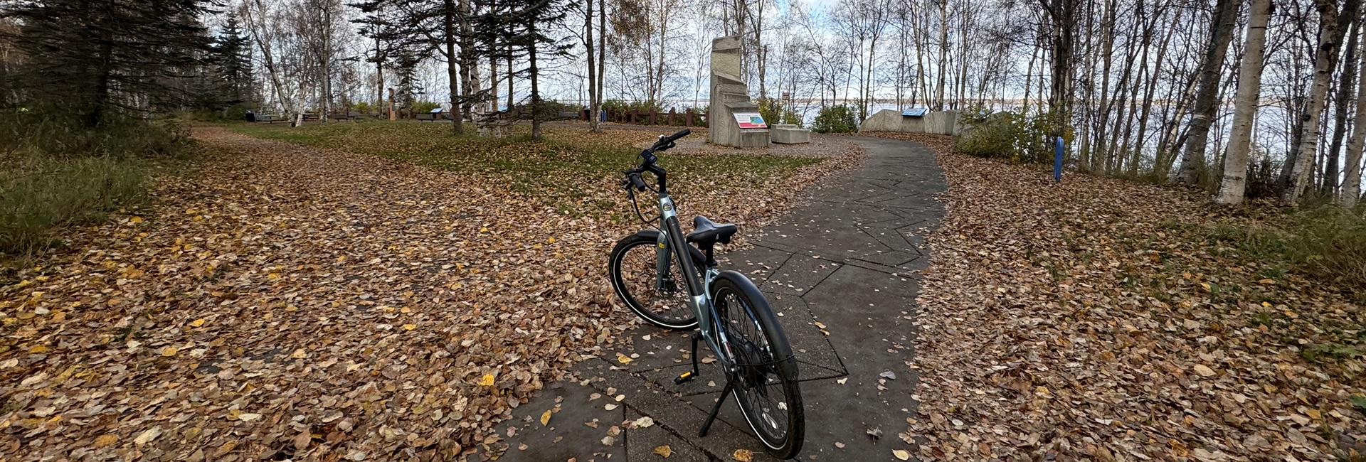 Bike parked near momument on Anchorage Costal Trail